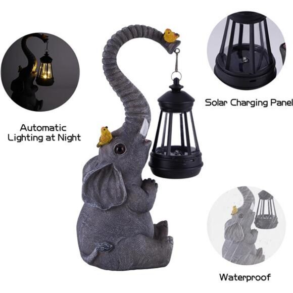 Solar Outdoor Garden Statues Lights, Elephant Figurines with Cute Birds - Picture 3 of 7